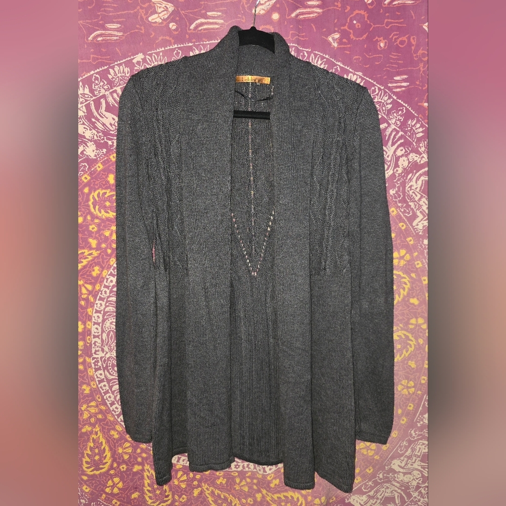Belldini Charcoal Heather Gray Cable Knit Open Front Cardigan Large